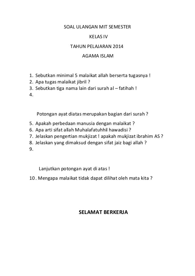 Soal ulangan mit semester agama