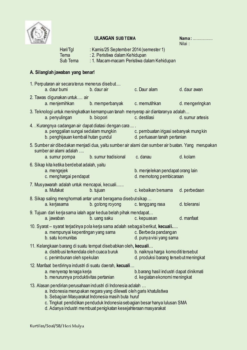 Soal Ulangan Sem 1 Kelas 5 Sd