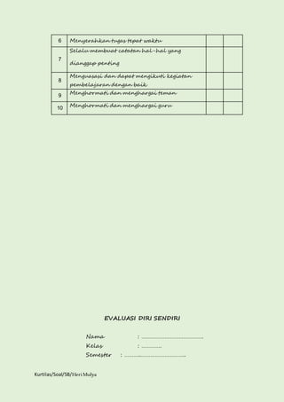 6 Menyerahkan tugas tepat waktu 
7 
Selalu membuat catatan hal-hal yang 
dianggap penting 
8 
Menguasasi dan dapat mengikuti kegiatan 
pembelajaran dengan baik 
9 Menghormati dan menghargai teman 
10 Menghormati dan menghargai guru 
Kurtilas/Soal/5B/Heri Mulya 
EVALUASI DIRI SENDIRI 
Nama : …………………………………. 
Kelas : …………. 
Semester : ………..……………………….. 
 