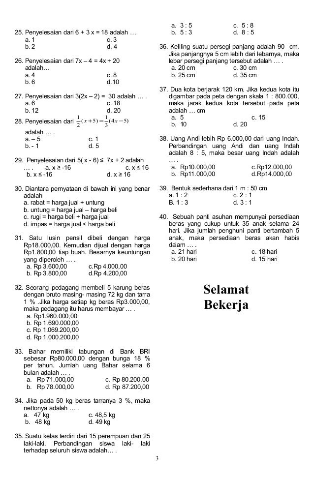 Soal Ulangan Umum Semester I Smp Kelas Vii Matematika Arini