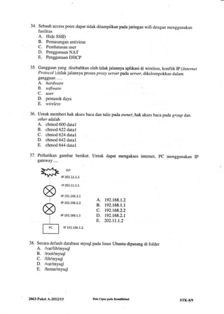 34. Sebauh access point dapat tidak ditampilkan pada jaringan wifi dengan menggunakan
fasilitas
A. Hide SSID
B. Pemasangan antivirus
C. Pembatasan user
D. Penggunaan NAT
E. Penggunaan DHCP
Gangguan yang disebabkan oleh tidak jalannya aplikasi di wireless, konflik Ip {Internet
Protocol ),tidak jalannya proses proxy selyer pada server, dikelompokkan dalam
gangguan....
A. hardware
B. software
C. user
D. pemasok daya
E. wireless
Untuk memberi hak akses baca dan
other adalah
A. chmod 600 datal
B. chmod 622 datal
C. chmod 624 datal
D. chmod 642 datal
E. chmod 644 datal
35.
36.
37. Perhatikan gambar berikut.
gateway....
tulis pada owner, hak akses baca pada group dan
Untuk dapat mengakses internet, PC menggunakan Ip
tsP
rP 202.11.1"2
rP2*2.tt.t.t
rp 192.L68.?.1
tF 19t.1.68.2.2
rP 192.168.Ln
tP L92.].68.L.2
A. 192.168.1.2
B. 192.168.1.1
c. t92.r68.2.2
D. 192j68.2.1
E. 202.11.1.2
38. secara default database mysql pada linux ubuntu dipasang di folder
A. /varllib/mysql
B. /root/mysql
C. /lib/mysql
D. /varlmysql
E. /trome/mysql
2063.Paket A-2012113 Hak Cipta pada Kemdikbud sTK-8/9
 