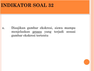 INDIKATOR SOAL 32



a.   Disajikan gambar ekskresi, siswa mampu
     menjelaskan proses yang terjadi sesuai
     gambar e...