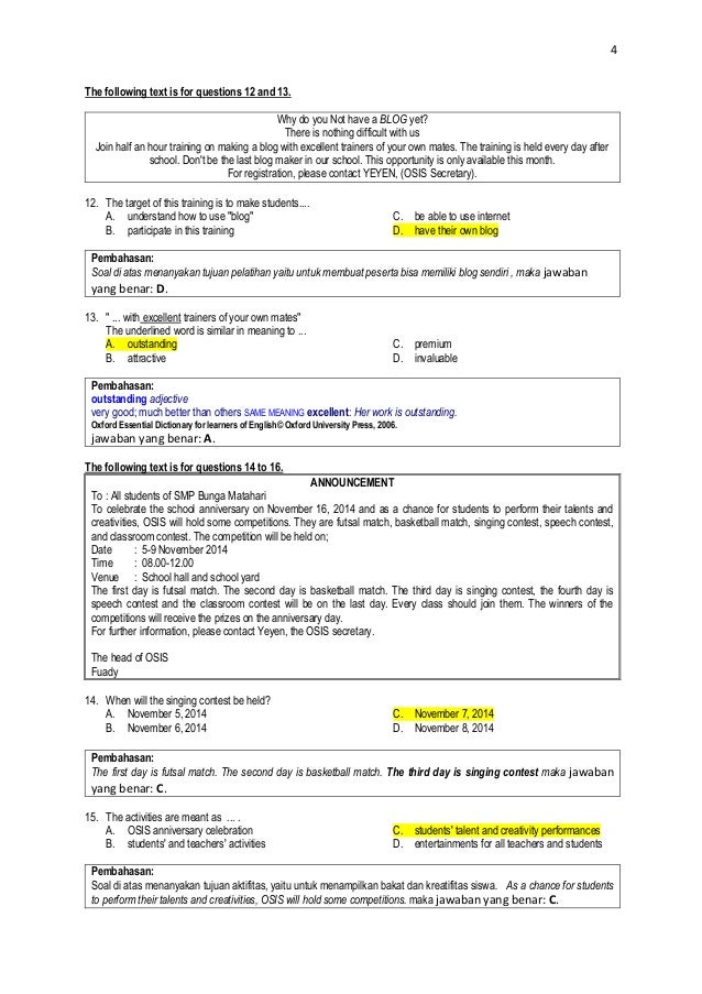 Soal Un Bhs Inggris 2014 Smp Dan Pembahasan