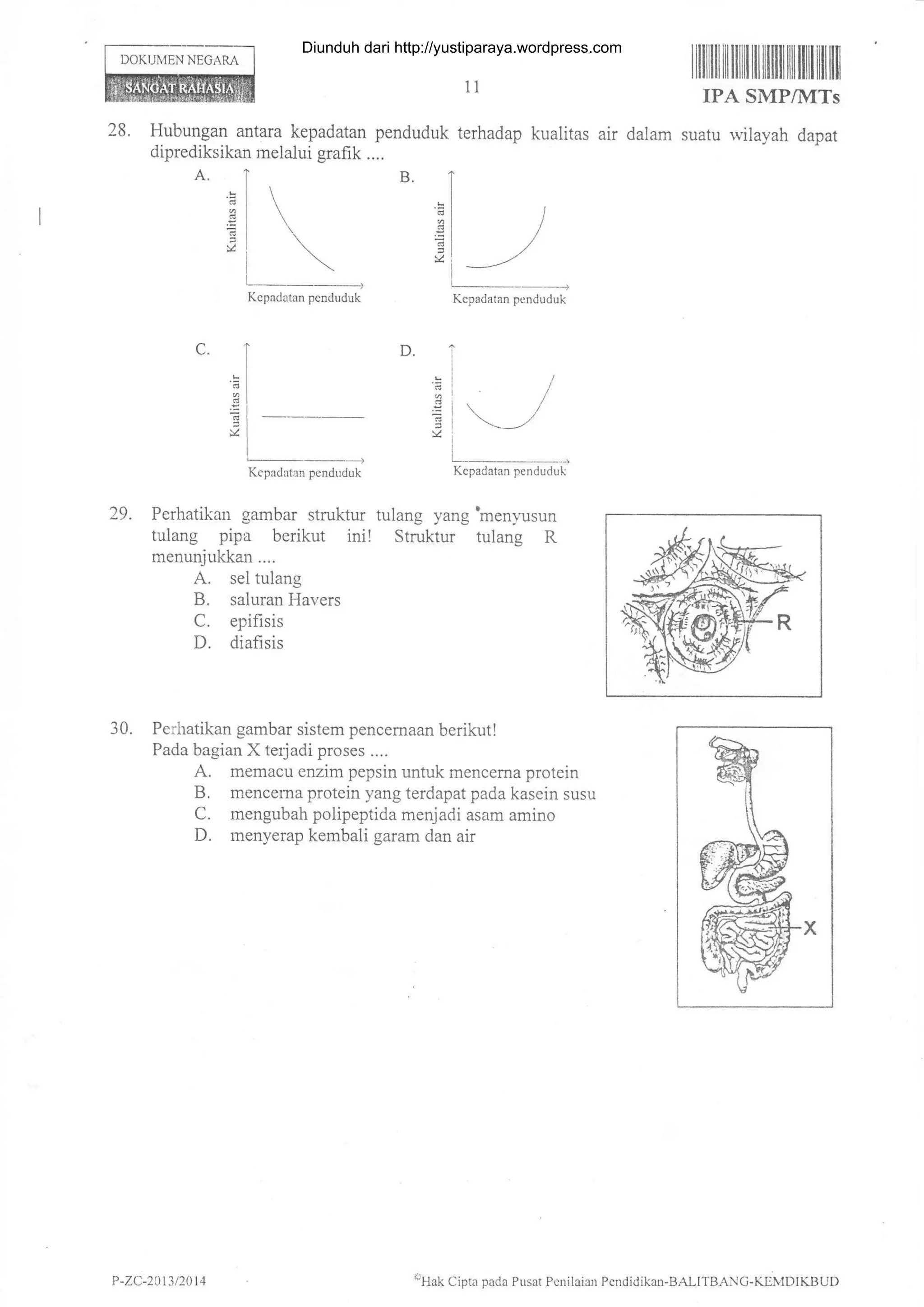 11
28. Hubungan antara kepadatan penduduk terhadap kualitas air dalam
diprediksikan melalui grafik ....
D. ',f
.l
9: /
Kepadatan penduduk
29. Perhatikarr gambar struktur tulang yang'menyusun
tulang pipa berikut ini! Struktur tulang R
menunjukka:r ....
A. sel tulang
B. saluran Havers
C. epifisis
D. diafisis
DOKIJ[,lEN NEGARA
30. Perhatikan gambar sistem pencemaan berikut!
Pada bagian X terjadi proses ....
A. memacu enzim pepsin untuk mencerna prolein
B. mencema protein yang terdapat pada kasein susu
C. rrengubah polipeptida menjadi asam amino
D. menyerap kembali garam dan air
I ililtil il ililr til lililt tilililt tilltil
IPA SMP/}ITs
suatu rvilayah dapat
D
C.
Kcpadatan pcnduduk Kepadatan pcnduduk
Kepadatan penduduk
P -ZC-20 t3 /201 4 eFlak
Cipta pada Pusai Pcnilaian Pcndidikan-BALITBANC-KEIVIDIKAUD
Diunduh dari http://yustiparaya.wordpress.com
 