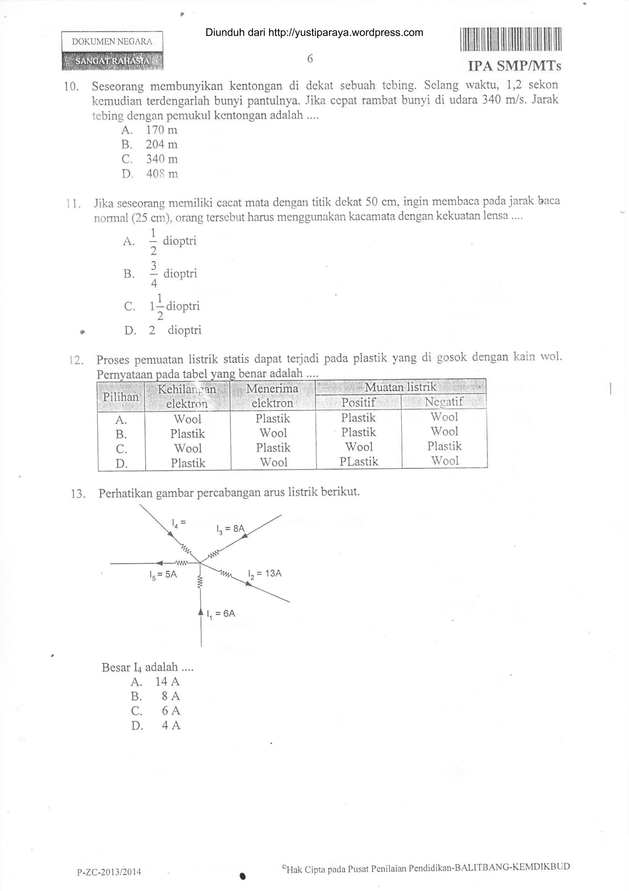 DOKUMEN NEGARA
ililililIIililililil ililil il|| ilil ilil llil
IPA SMPINITS
11.
Seseorang membunyikan kentongan di dekat sebuah tebing. Sclang wakru, 1,2 sekon
kemudian terdengarlah bunyi pantulnya. Jika ccpat rambat bunyi di udara 340 m/s. Jarak
tebing dengan pemukul kentongan adalah ....
A. 170 m
B. 204m
C. 340 m
D. 408 m
.Iika seseorang memiliki cacat mata dengan titik dekat 50 cm, ingin membaca pada jarak baca
normal (25 cm), orang tersebut harus menggunakan kacamata dengan kekuatan lensa ....
1 _.
A. - dloDtri
2
B. : diootri
4
,|
C- l: diootri
2'
D. 2 dioptri
12. Proses pemuatan listrik statis dapat terjadi pada plastik yang di gosok dengan kain rvol.
tabel benar adalah ....
10.
13. Perhatikan gambar percabangan arus listrik berikut.
Besar I+ adalah ....
A. 14A
B. 8A
C. 6A
D. 4A
oHak Cipta pada Pusal Penilaian PCndidikaD-BALITBANC-KEMDIKBUDP -ZC-20t312014
Diunduh dari http://yustiparaya.wordpress.com
 