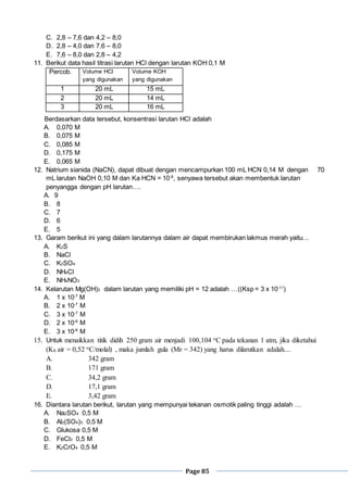 Page 85
C. 2,8 – 7,6 dan 4,2 – 8,0
D. 2,8 – 4,0 dan 7,6 – 8,0
E. 7,6 – 8,0 dan 2,8 – 4,2
11. Berikut data hasil titrasi larutan HCl dengan larutan KOH 0,1 M
Percob. Volume HCl
yang digunakan
Volume KOH
yang digunakan
1 20 mL 15 mL
2 20 mL 14 mL
3 20 mL 16 mL
Berdasarkan data tersebut, konsentrasi larutan HCl adalah
A. 0,070 M
B. 0,075 M
C. 0,085 M
D. 0,175 M
E. 0,065 M
12. Natrium sianida (NaCN), dapat dibuat dengan mencampurkan 100 mL HCN 0,14 M dengan 70
mL larutan NaOH 0,10 M dan Ka HCN = 10-6
, senyawa tersebut akan membentuk larutan
penyangga dengan pH larutan….
A. 9
B. 8
C. 7
D. 6
E. 5
13. Garam berikut ini yang dalam larutannya dalam air dapat membirukan lakmus merah yaitu…
A. K2S
B. NaCl
C. K2SO4
D. NH4Cl
E. NH4NO3
14. Kelarutan Mg(OH)2 dalam larutan yang memiliki pH = 12 adalah …((Ksp = 3 x 10-11
)
A. 1 x 10-7
M
B. 2 x 10-7
M
C. 3 x 10-7
M
D. 2 x 10-6
M
E. 3 x 10-6
M
15. Untuk menaikkan titik didih 250 gram air menjadi 100,104 oC pada tekanan 1 atm, jika diketahui
(Kb air = 0,52 oC/molal) , maka jumlah gula (Mr = 342) yang harus dilarutkan adalah....
A. 342 gram
B. 171 gram
C. 34,2 gram
D. 17,1 gram
E. 3,42 gram
16. Diantara larutan berikut, larutan yang mempunyai tekanan osmotik paling tinggi adalah …
A. Na2SO4 0,5 M
B. Al2(SO4)3 0,5 M
C. Glukosa 0,5 M
D. FeCl3 0,5 M
E. K2CrO4 0,5 M
 