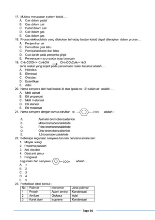 Page 86
17. Mutiara merupakan system koloid….
A. Cair dalam padat
B. Gas dalam cair
C. Padat dalam cair
D. Cair dalam gas
E. Gas dalam gas
18. Proses elektrodialisis yang dilakukan terhadap larutan koloid dapat diterapkan dalam proses …
A. Penjernihan air
B. Pemutihan gula tebu
C. Pemisahan karet dari latek
D. Cuci darah pada penderita ginjal
E. Penyerapan racun pada asap buangan
19. CH3-COOH+ C2H5OH CH3-CO2C2H5 + H2O
Jenis reaksi yang terjadi pada persamaan reaksi tersebut adalah …
A. Hidrolisis
B. Eliminasi
C. Oksidasi
D. Esterifikasi
E. Adisi
20. Nama senyawa dari hasil reaksi di atas (pada no 19) selain air adalah …
A. Metil asetat
B. Etil propanoat
C. Metil metanoat
D. Etil etanoat
E. Etil metanoat
21. Nama senyawa dengan rumus struktur adalah :
A. Asimetri-bromobenzaldehide
B. Meta-bromobenzaldehide
C. Para-bromobenzaldehide
D. Orto-bromobenzaldehide
E. 1,5-bromobenzaldehide
22. Beberapa kegunaan senyawa turunan benzena antara lain:
1. Minyak wangi
2. Pewarna pakaian
3. Anti oksidan
4. Obat anti jamur
5. Pengawet
Kegunaan dari senyawa adalah ..
A. 1
B. 2
C. 3
D. 4
E. 5
23. Perhatikan tabel berikut :
No Polimer monomer Jenis polimer
1 Protein Asam amino Kondensasi
2 Amilum Glukosa Adisi
3 Karet alam Isoprene Kondensasi
CHOBr
COOH
 