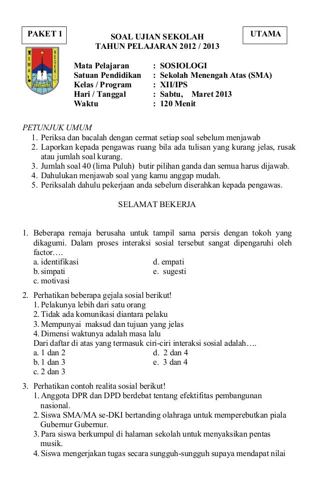 Soal Ujian Semester Kls Xii Sosiolog