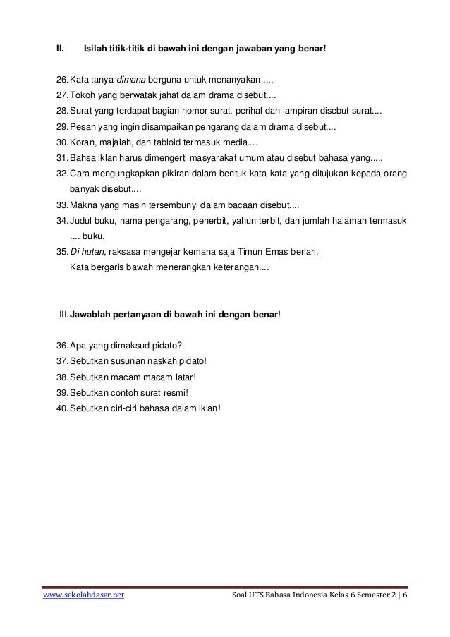 Soal uts bahasa indonesia kelas 6 semester 2