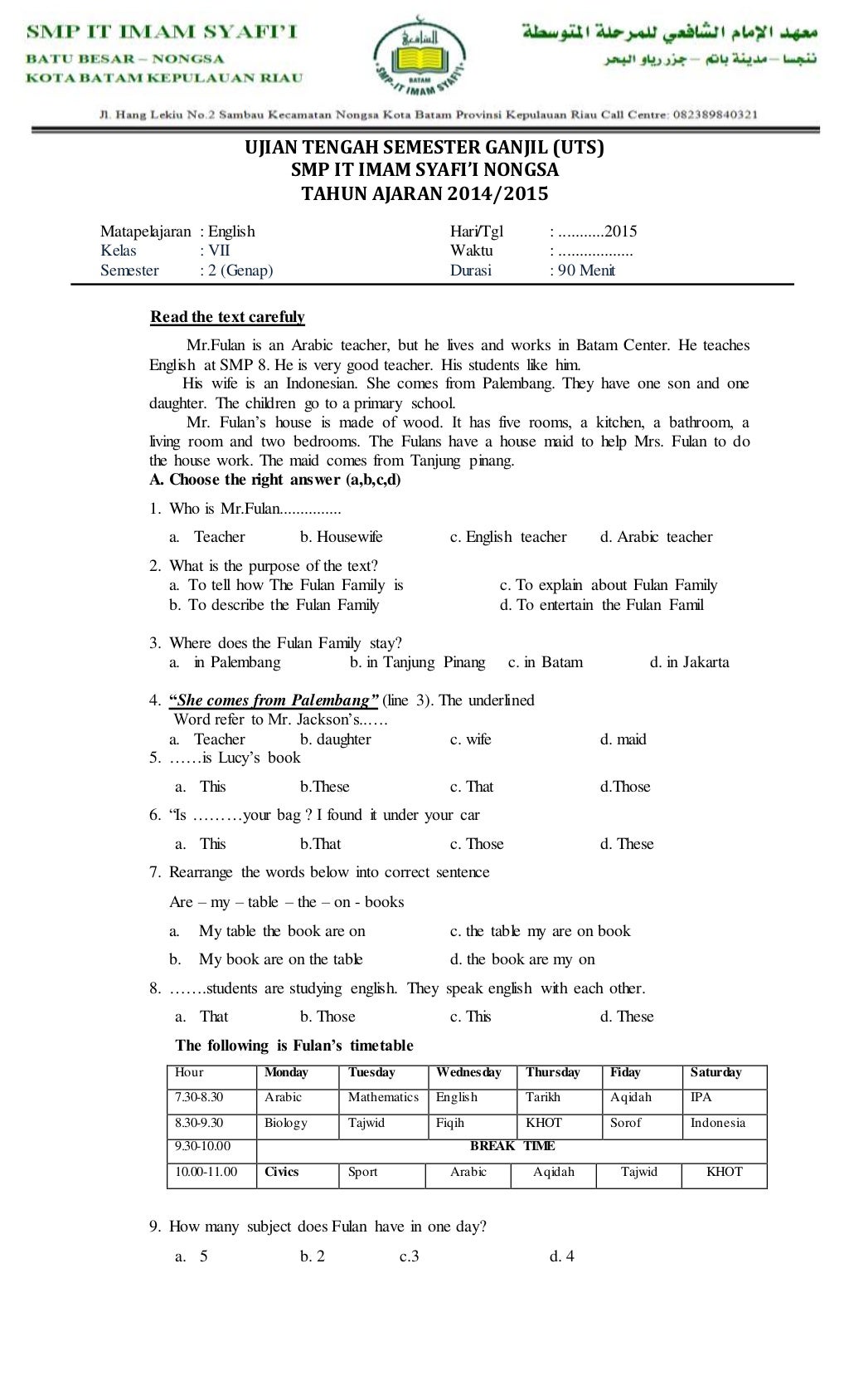 Soal UTS bahasa inggris 2014