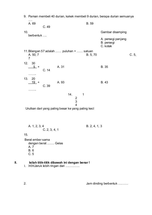 Contoh Latihan Soal: Soal Matematika Kelas 1 Sd Tentang Puluhan Dan Satuan