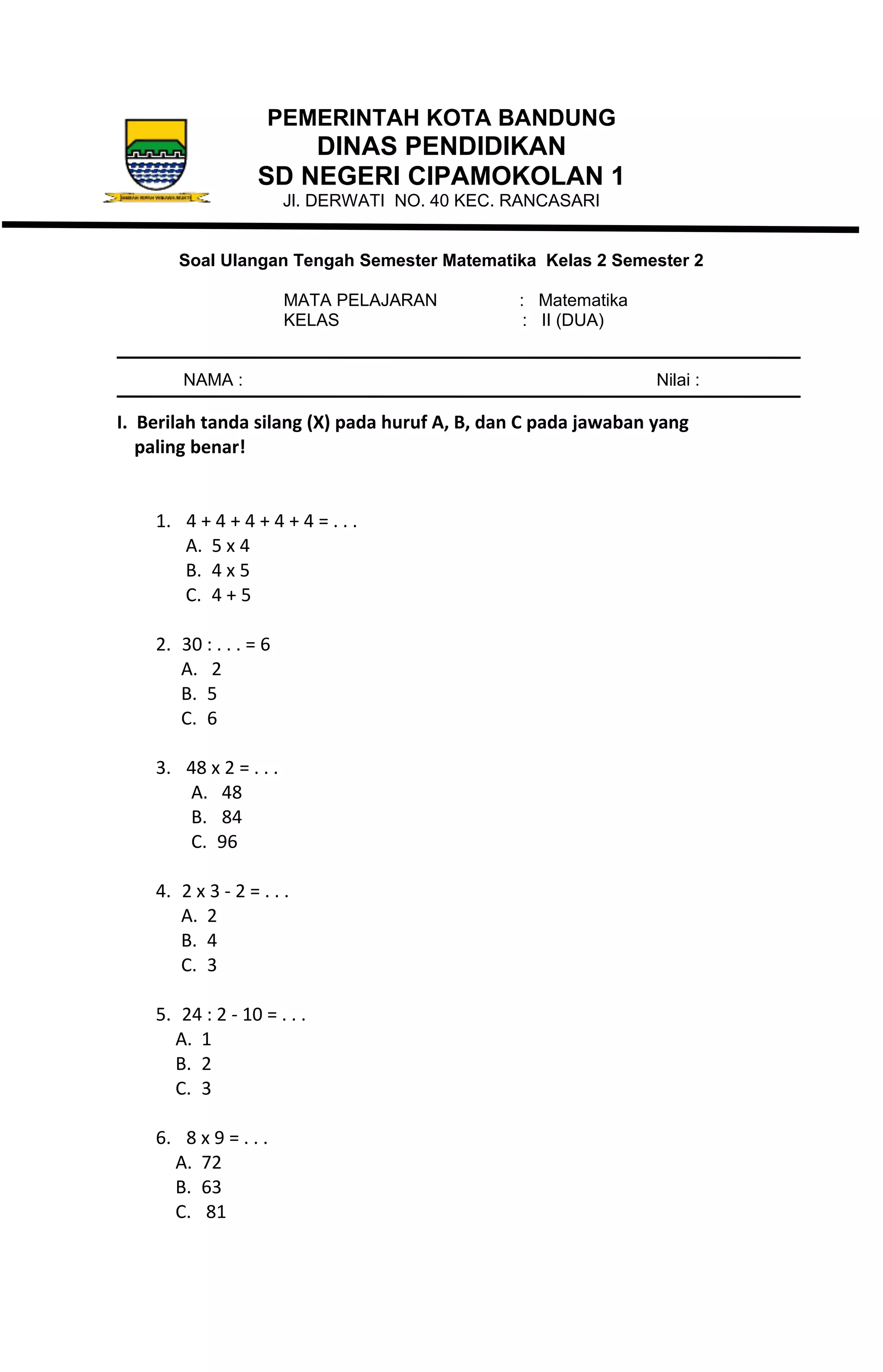 Soal uts matematika kelas 2 semester 1