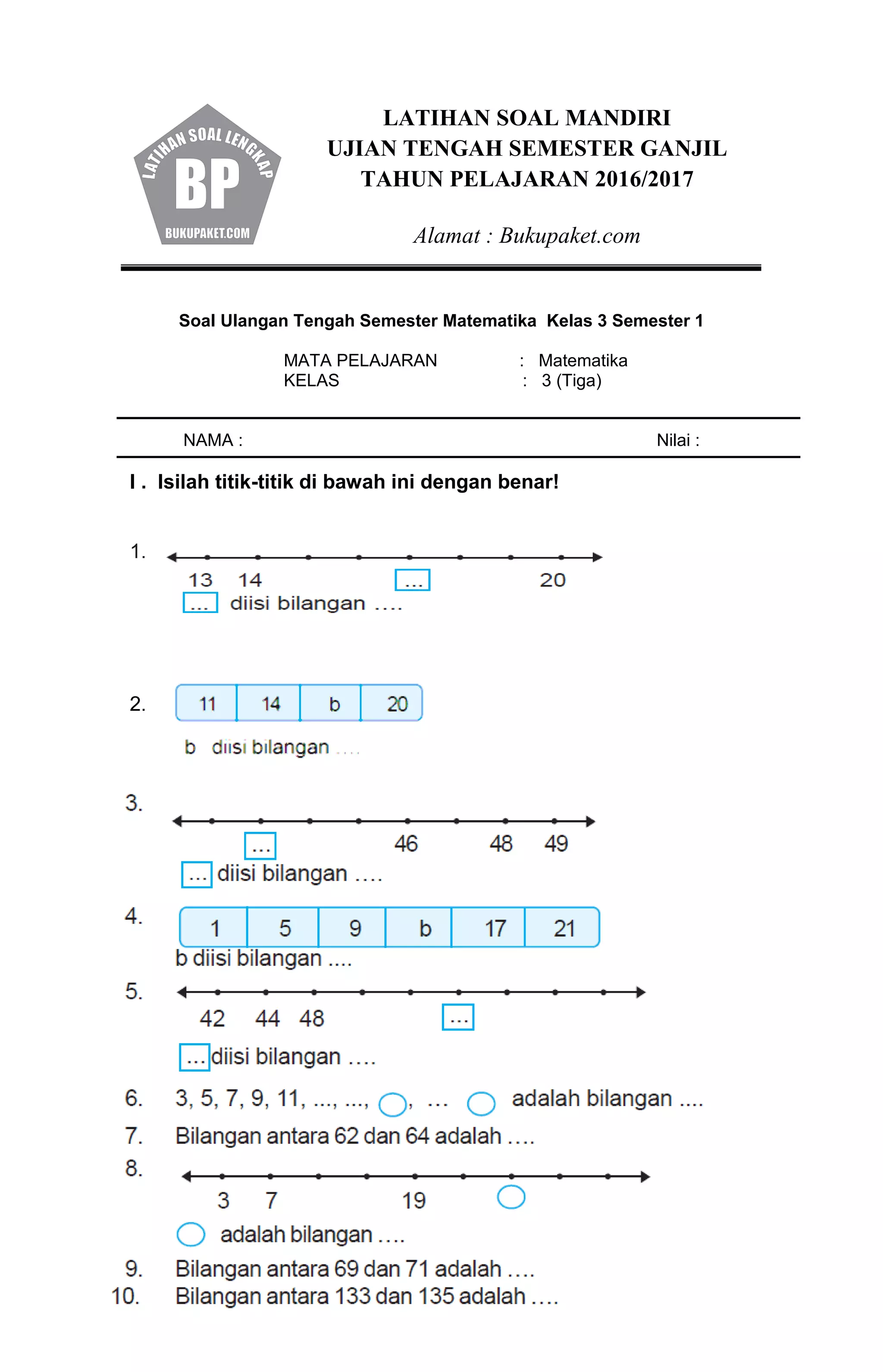 Soal uts matematika kelas 3 semester 1 | PDF