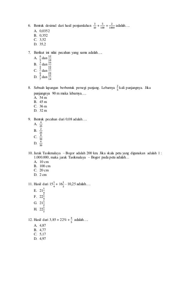 Soal Matematika Sd Kelas 6 Perkalian Dan Pembagian Pecahan Desimal