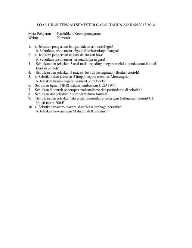 Soal pkn kelas 10 semester 1 beserta jawabannya kurikulum 2013