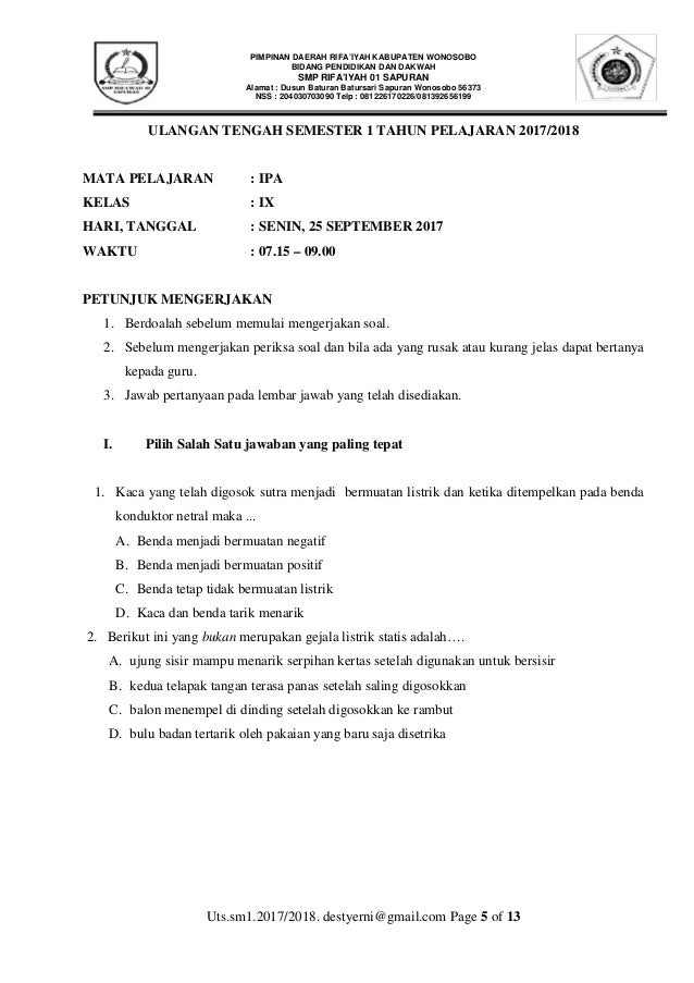 Soal uts semester 1 ipa ix