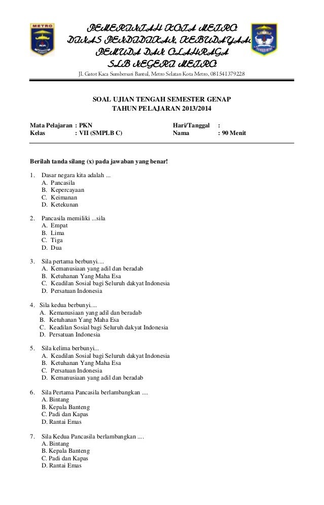 Soal Pilihan Ganda Pkn Kelas 7 Semester 1 Kurikulum 2013 Guru Paud