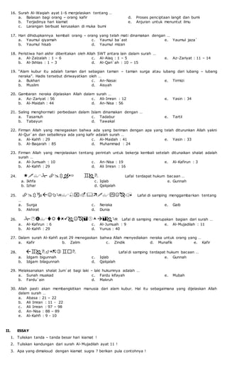 16. Surah Al-Waqiah ayat 1-6 menjelaskan tentang …
a. Balasan bagi orang – orang kafir
b. Terjadinya hari kiamat
c. Larangan berbuat kerusakan di muka bumi
d. Proses penciptaan langit dan bumi
e. Anjuran untuk menuntut ilmu
17. Hari dihidupkannya kembali orang – orang yang telah mati dinamakan dengan …
a. Yaumul qiyamah
b. Yaumul hisab
c. Yaumul ba`ast
d. Yaumul mizan
e. Yaumul jaza`
18. Peristiwa hari akhir diberitakan oleh Allah SWT antara lain dalam surah …
a. Al-Zalzalah : 1 – 6
b. Al-Ikhlas : 1 – 3
c. Al-Alaq : 1 – 5
d. Al-Qari`ah : 10 – 15
e. Az-Zariyat : 11 – 14
19. “Alam kubur itu adalah taman dari sebagian taman – taman surga atau lubang dari lubang – lubang
neraka”. Hadis tersebut diriwayatkan oleh …
a. Bukhari
b. Muslim
c. An-Nasai
d. Aisyah
e. Tirmizi
20. Gambaran neraka dijelaskan Allah dalam surah …
a. Az-Zariyat : 56
b. Al-Maidah : 44
c. Ali-Imran : 12
d. An-Nisa : 56
e. Yasin : 34
21. Saling menghormati perbedaan dalam Islam dinamakan dengan …
a. Tasamuh
b. Tabayun
c. Tadabur
d. Tawakal
e. Tartil
22. Firman Allah yang menegaskan bahwa ada yang beriman dengan apa yang telah diturunkan Allah yakni
Al-Qur`an dan sebaliknya ada yang kafir adalah surah …
a. Al-Kahfi : 29
b. Al-Baqarah : 85
c. Al-Maidah : 41
d. Muhammad : 24
e. Yasin : 33
23. Firman Allah yang menjelaskan tentang perintah untuk bekerja kembali setelah ditunaikan shalat adalah
surah …
a. Al-Jumuah : 10
b. Al-Kahfi : 29
c. An-Nisa : 19
d. Ali Imran : 16
e. Al-Kafirun : 3
24.  Lafal terdapat hukum bacaan …
a. Ikhfa
b. Izhar
c. Iqlab
d. Qalqalah
e. Gunnah
25.  Lafal di samping menggambarkan tentang
…
a. Surga
b. Akhirat
c. Neraka
d. Dunia
e. Gaib
26.   Lafal di samping merupakan bagian dari surah …
a. Al-Kafirun : 6
b. Al-Kahfi : 29
c. Al-Jumuah : 9
d. Yunus : 40
e. Al-Mujadilah : 11
27. Dalam surah Al-Kahfi ayat 29 menegaskan bahwa Allah menyediakan neraka untuk orang yang …
a. Kafir b. Zalim c. Zindik d. Munafik e. Kafir
28.   Lafal di samping terdapat hukum bacaan …
a. Idgam bigunnah
b. Idgam bilagunnah
c. Iqlab
d. Qalqalah
e. Gunnah
29. Melaksanakan shalat Jum`at bagi laki – laki hukumnya adalah …
a. Sunah muakad
b. Fardu`ain
c. Fardu kifayah
d. Makruh
e. Mubah
30. Allah pasti akan membangkitkan manusia dari alam kubur. Hal itu sebagaimana yang dijelaskan Allah
dalam surah …
a. Abasa : 21 – 22
b. Ali Imran : 11 - 22
c. Ali Imran : 97 – 98
d. An-Nisa : 88 – 89
e. Al-Kahfi : 9 - 10
II. ESSAY
1. Tuliskan tanda – tanda besar hari kiamat !
2. Tuliskan kandungan dari surah Al-Mujadilah ayat 11 !
3. Apa yang dimaksud dengan kiamat sugra ? berikan pula contohnya !
 