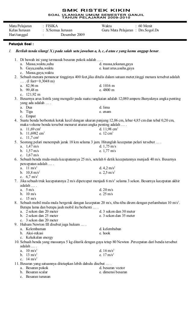 Soal Uub Fisika X Ganjil