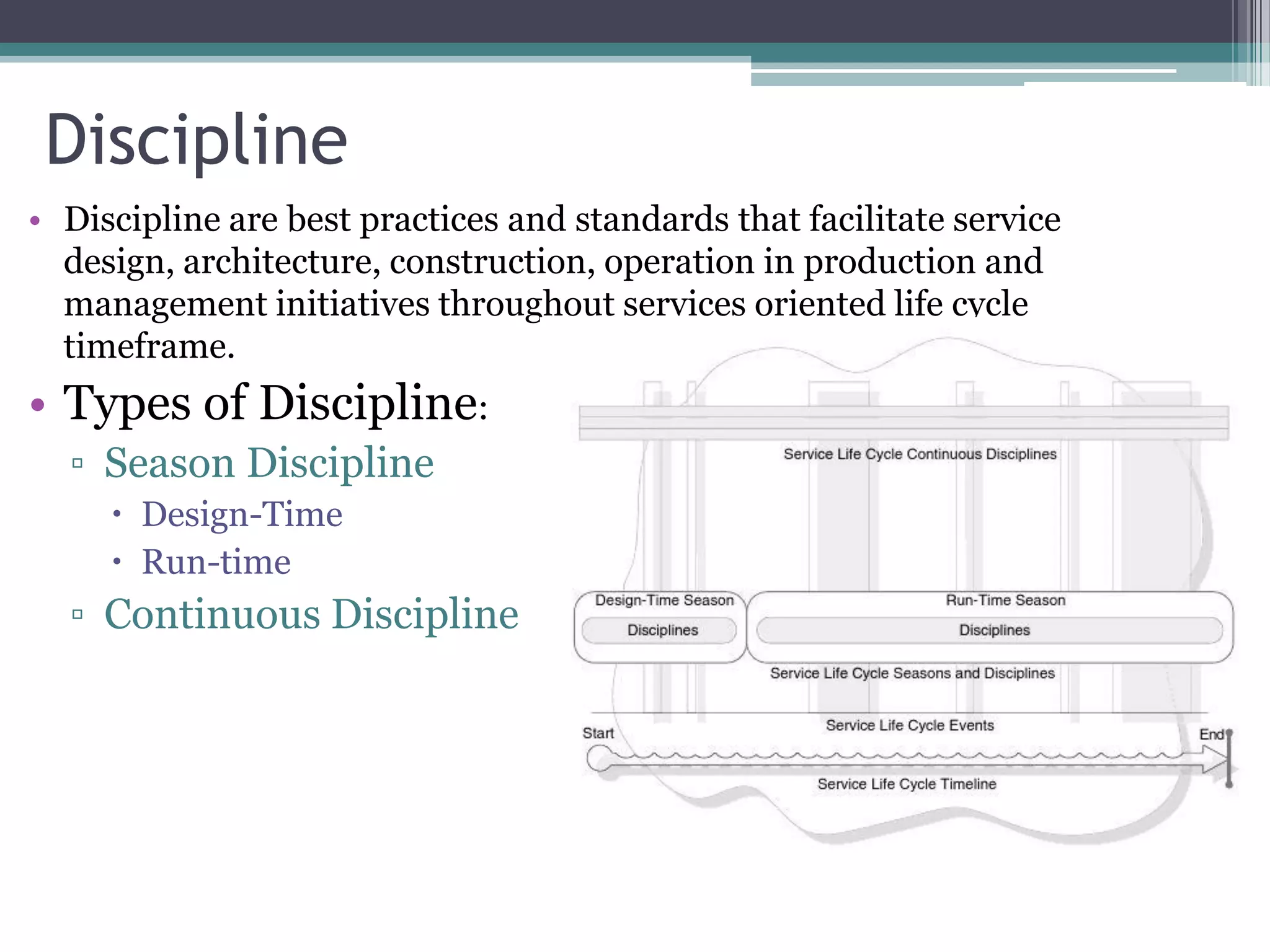Discipline
• Discipline are best practices and standards that facilitate service
  design, architecture, construction, operation in production and
  management initiatives throughout services oriented life cycle
  timeframe.
• Types of Discipline:
  ▫ Season Discipline
      Design-Time
      Run-time
  ▫ Continuous Discipline
 