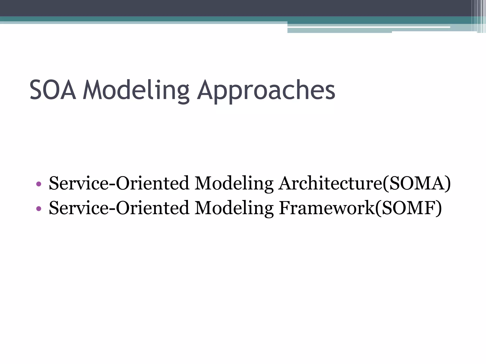 SOA Modeling Approaches


• Service-Oriented Modeling Architecture(SOMA)
• Service-Oriented Modeling Framework(SOMF)
 