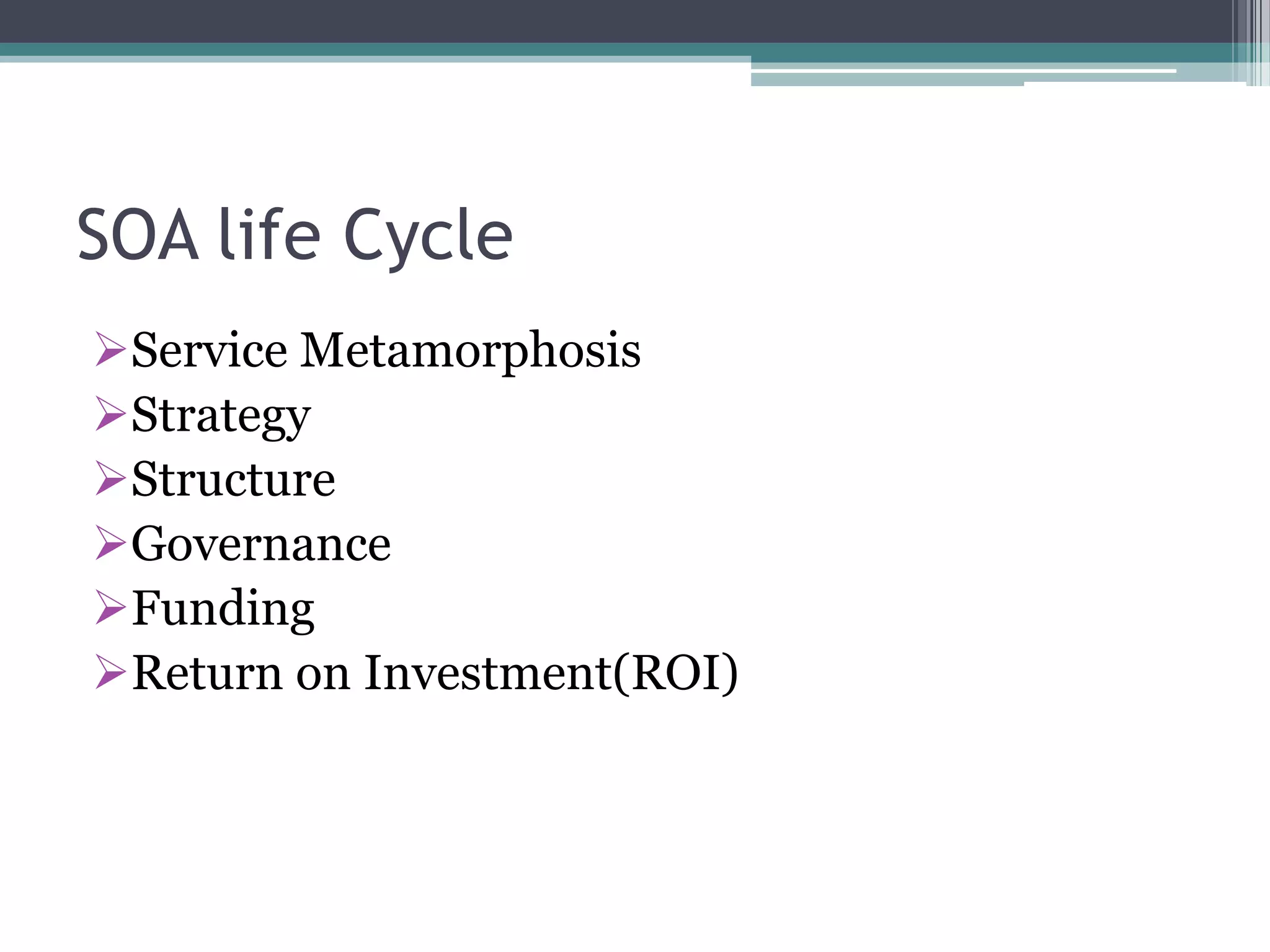 SOA life Cycle
Service Metamorphosis
Strategy
Structure
Governance
Funding
Return on Investment(ROI)
 