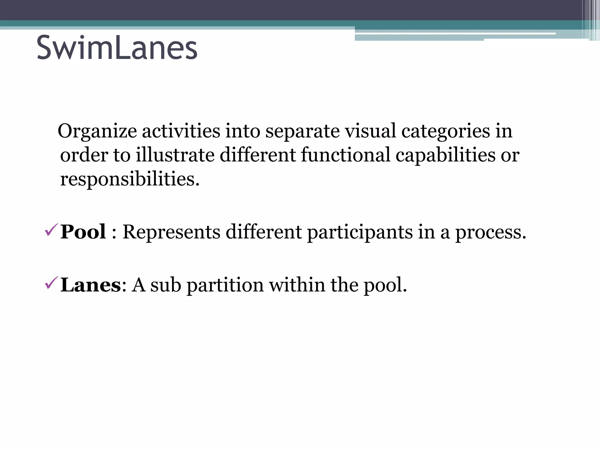 SwimLanes

 Organize activities into separate visual categories in
 order to illustrate different functional capabilities or
 responsibilities.

Pool : Represents different participants in a process.

Lanes: A sub partition within the pool.
 