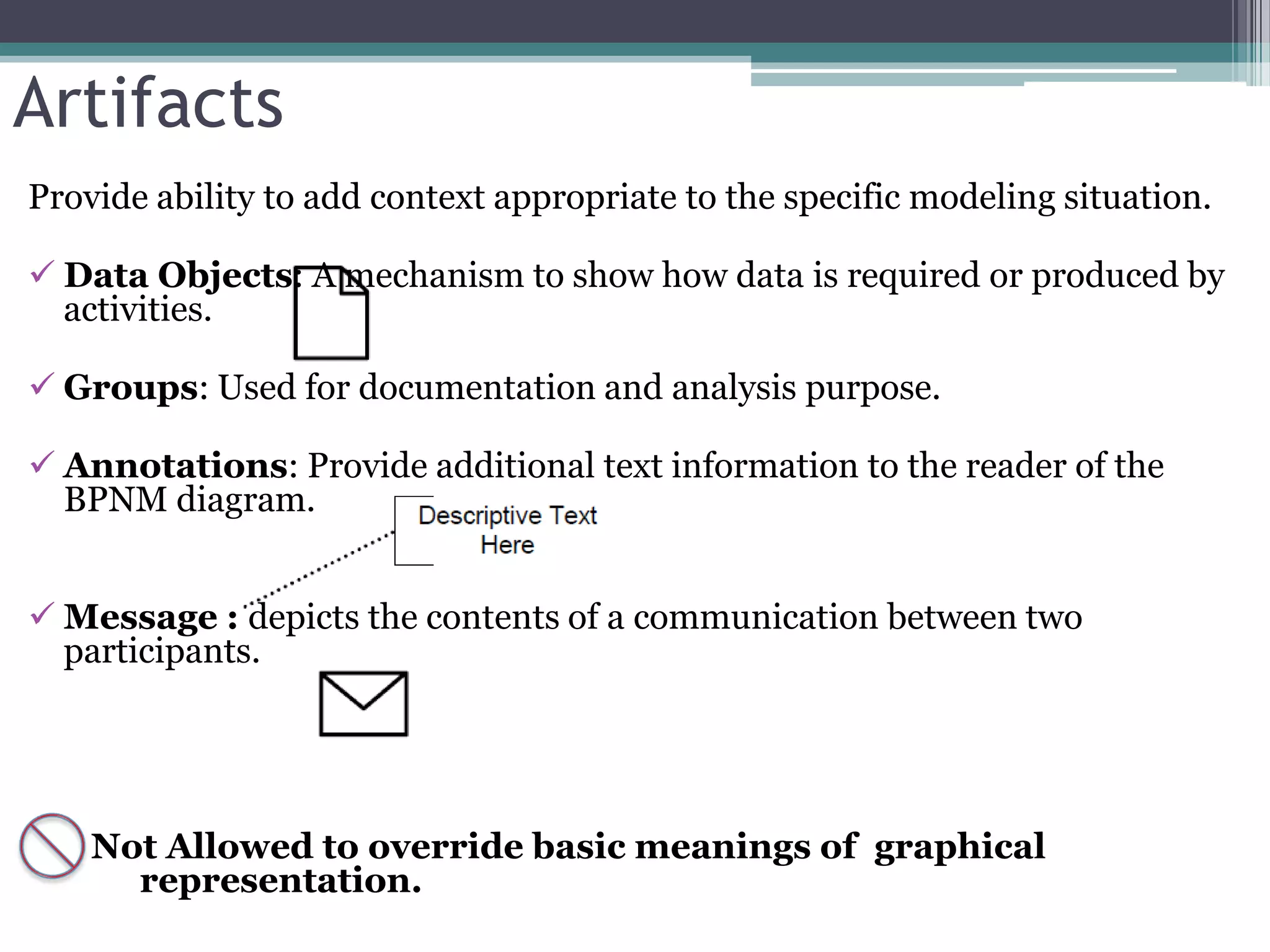 Artifacts
Provide ability to add context appropriate to the specific modeling situation.

 Data Objects: A mechanism to show how data is required or produced by
  activities.

 Groups: Used for documentation and analysis purpose.

 Annotations: Provide additional text information to the reader of the
  BPNM diagram.


 Message : depicts the contents of a communication between two
  participants.




    Not Allowed to override basic meanings of graphical
      representation.
 