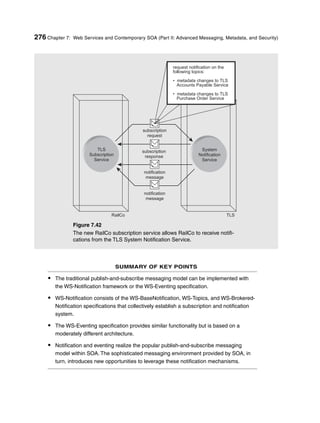 SUMMARY OF KEY POINTS
• The traditional publish-and-subscribe messaging model can be implemented with
the WS-Notification framework or the WS-Eventing specification.
• WS-Notification consists of the WS-BaseNotification, WS-Topics, and WS-Brokered-
Notification specifications that collectively establish a subscription and notification
system.
• The WS-Eventing specification provides similar functionality but is based on a
moderately different architecture.
• Notification and eventing realize the popular publish-and-subscribe messaging
model within SOA. The sophisticated messaging environment provided by SOA, in
turn, introduces new opportunities to leverage these notification mechanisms.
276 Chapter 7: Web Services and Contemporary SOA (Part II: Advanced Messaging, Metadata, and Security)
Figure 7.42
The new RailCo subscription service allows RailCo to receive notifi-
cations from the TLS System Notification Service.
Erl_07.qxd 6/30/05 11:00 AM Page 276
 