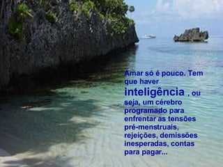 Amar só é pouco. Tem que haver  inteligência  , ou seja, um cérebro programado para enfrentar as tensões pré-menstruais, rejeições, demissões inesperadas, contas para pagar... 