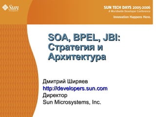SOA, BPEL, JBI:
 Стратегия и
 Архитектура

Дмитрий Ширяев
http://developers.sun.com
Директор
Sun Microsystems, Inc.

                            1
 