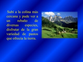 Subí a la colina más
cercana y pude ver a
un rebaño de
diversas especies,
disfrutar de la gran
variedad de pastos
que ofrecía la tierra.
 