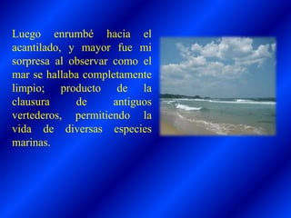 Luego enrumbé hacia el
acantilado, y mayor fue mi
sorpresa al observar como el
mar se hallaba completamente
limpio; producto de la
clausura de antiguos
vertederos, permitiendo la
vida de diversas especies
marinas.
 