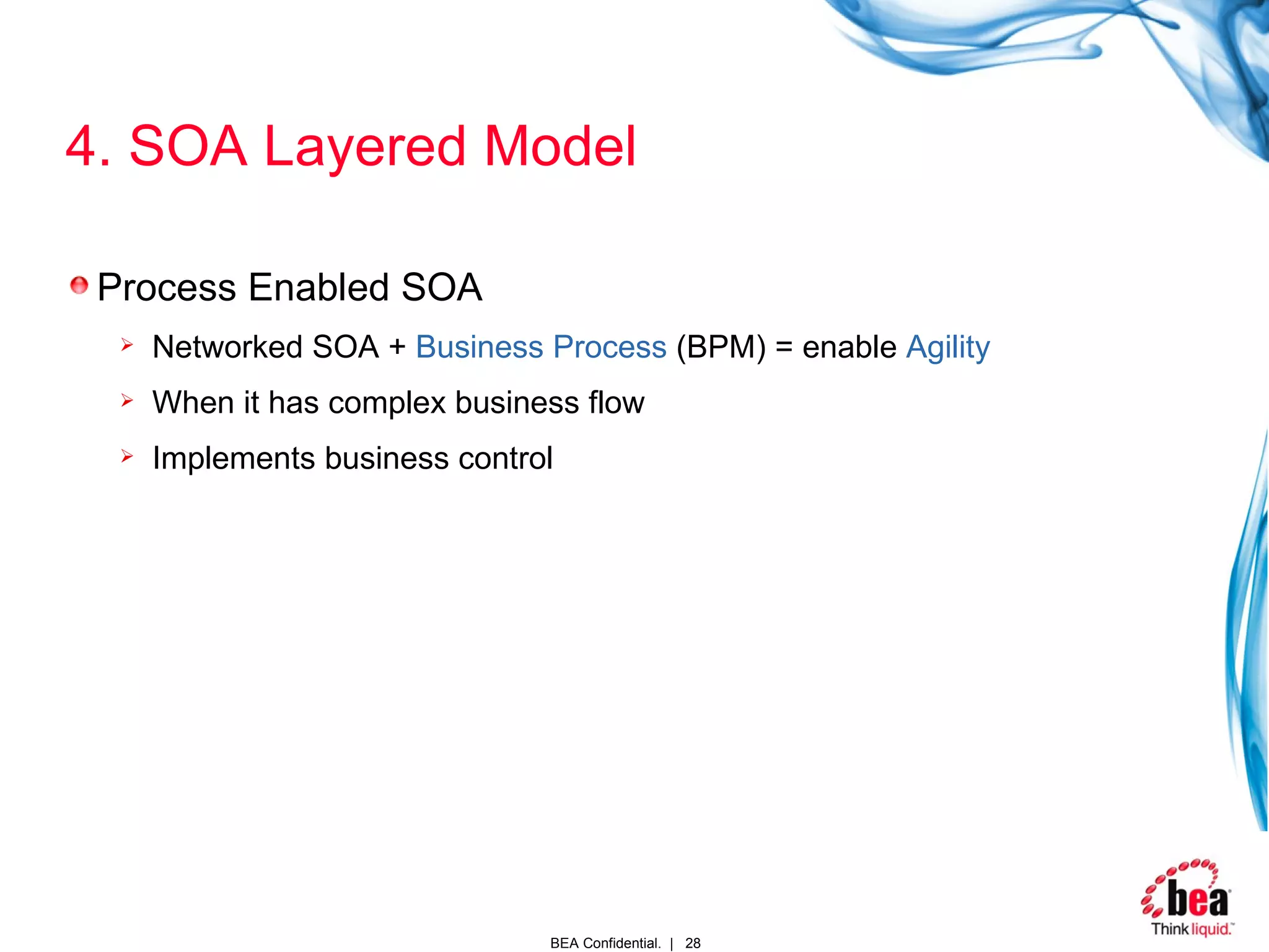 4. SOA Layered Model Process Enabled SOA Networked SOA +  Business Process  (BPM) = enable  Agility When it has complex business flow Implements business control 