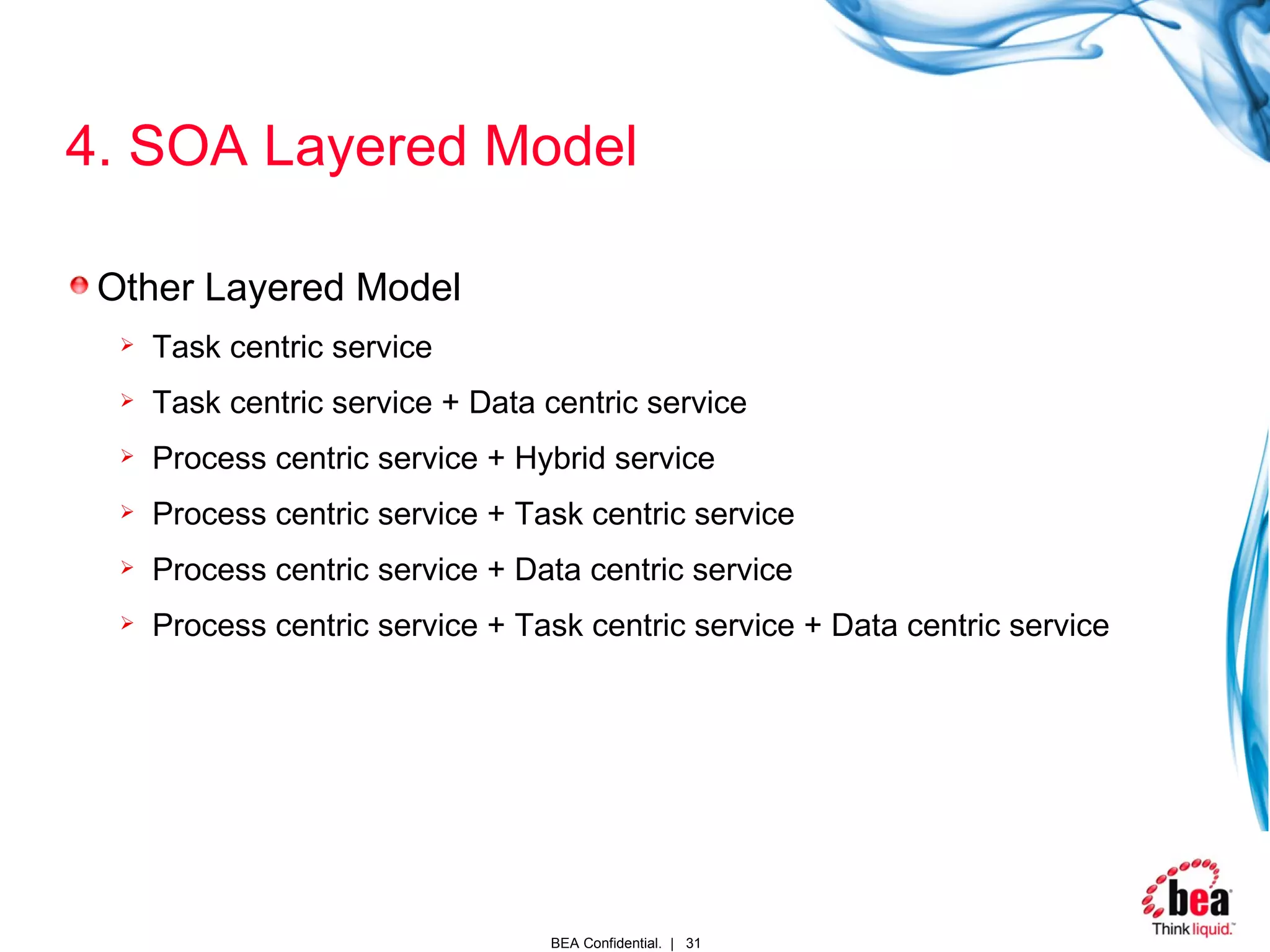 4. SOA Layered Model Other Layered Model Task centric service Task centric service + Data centric service Process centric service + Hybrid service Process centric service + Task centric service  Process centric service + Data centric service  Process centric service + Task centric service + Data centric service 