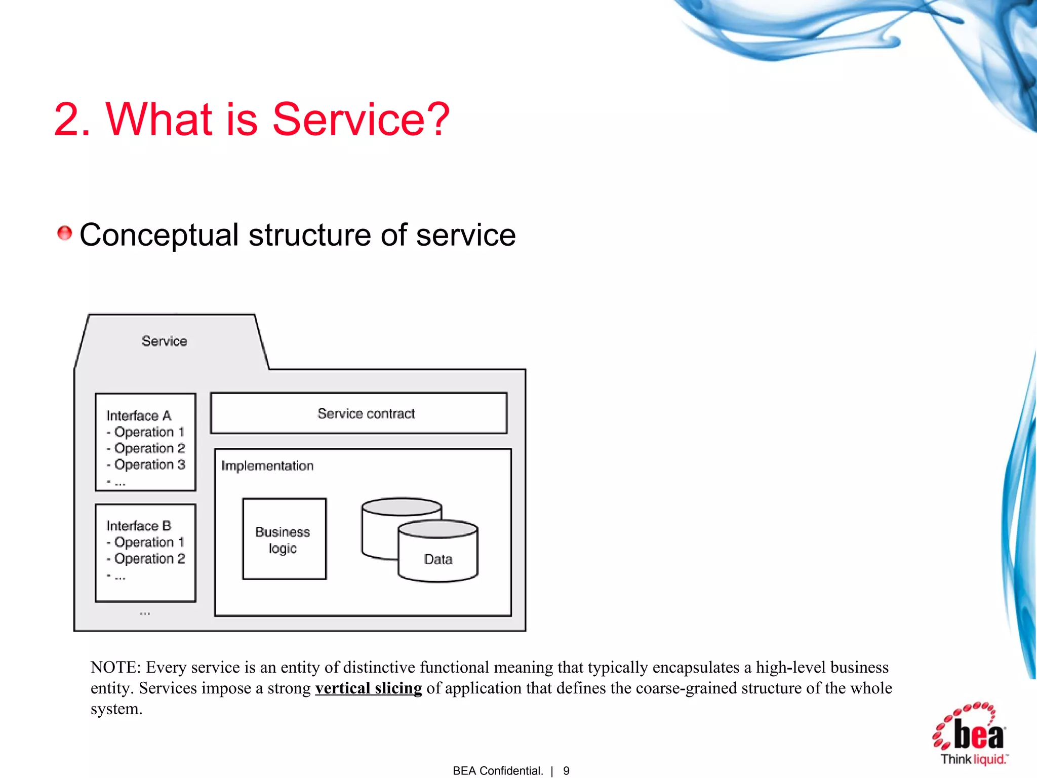 2. What is Service? Conceptual structure of service NOTE: Every service is an entity of distinctive functional meaning that typically encapsulates a high-level business entity. Services impose a strong  vertical slicing  of application that defines the coarse-grained structure of the whole system. 