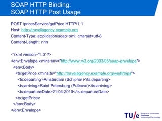 SOAP HTTP Binding:
SOAP HTTP Post Usage
POST /pricesService/getPrice HTTP/1.1
Host: http://travelagency.example.org
Content-Type: application/soap+xml; charset=utf-8
Content-Length: nnn


<?xml version='1.0' ?>
<env:Envelope xmlns:env="http://www.w3.org/2003/05/soap-envelope">
 <env:Body>
  <ts:getPrice xmlns:ts="http://travelagency.example.org/wsdl/trips">
   <ts:departing>Amsterdam (Schiphol)</ts:departing>
   <ts:arriving>Saint-Petersburg (Pulkovo)</ts:arriving>
   <ts:departureDate>21-04-2010</ts:departureDate>
  <ts:/getPrice>
 </env:Body>
</env:Envelope>
 