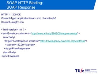SOAP HTTP Binding:
    SOAP Response
HTTP/1.1 200 OK
Content-Type: application/soap+xml; charset=utf-8
Content-Length: nnn


<?xml version='1.0' ?>
<env:Envelope xmlns:env="http://www.w3.org/2003/05/soap-envelope">
 <env:Body>
  <ts:getPriceResponse xmlns:ts="http://travelagency.example.org/wsdl/trips">
   <ts:price>180.00</ts:price>
  </ts:getPriceResponse>
 </env:Body>
</env:Envelope>
 
