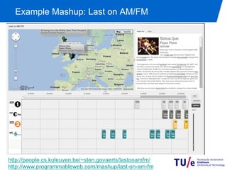 Example Mashup: Last on AM/FM




http://people.cs.kuleuven.be/~sten.govaerts/lastonamfm/
http://www.programmableweb.com/mashup/last-on-am-fm
 
