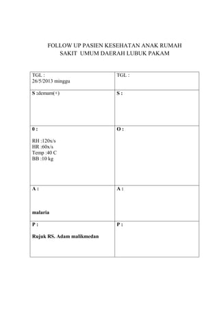 FOLLOW UP PASIEN KESEHATAN ANAK RUMAH
SAKIT UMUM DAERAH LUBUK PAKAM
TGL :
26/5/2013 minggu
TGL :
S :demam(+) S :
0 :
RH :120x/s
HR :60x/s
Temp :40 C
BB :10 kg
O :
A :
malaria
A :
P :
Rujuk RS. Adam malikmedan
P :
 