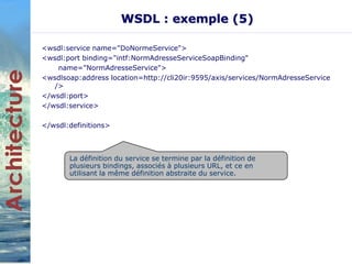 WSDL : exemple (5) 
<wsdl:service name="DoNormeService"> 
<wsdl:port binding="intf:NormAdresseServiceSoapBinding" 
name="NormAdresseService"> 
<wsdlsoap:address location=http://cli20ir:9595/axis/services/NormAdresseService 
/> 
</wsdl:port> 
</wsdl:service> 
</wsdl:definitions> 
La définition du service se termine par la définition de 
plusieurs bindings, associés à plusieurs URL, et ce en 
utilisant la même définition abstraite du service. 
 