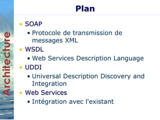 Plan 
• SOAP 
• Protocole de transmission de 
messages XML 
• WSDL 
• Web Services Description Language 
• UDDI 
• Universal Description Discovery and 
Integration 
• Web Services 
• Intégration avec l'existant 
 