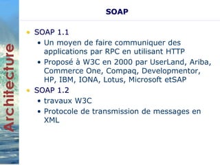 SOAP 
• SOAP 1.1 
• Un moyen de faire communiquer des 
applications par RPC en utilisant HTTP 
• Proposé à W3C en 2000 par UserLand, Ariba, 
Commerce One, Compaq, Developmentor, 
HP, IBM, IONA, Lotus, Microsoft etSAP 
• SOAP 1.2 
• travaux W3C 
• Protocole de transmission de messages en 
XML 
 