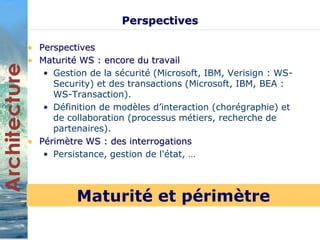 Perspectives 
• Perspectives 
• Maturité WS : encore du travail 
• Gestion de la sécurité (Microsoft, IBM, Verisign : WS-Security) 
et des transactions (Microsoft, IBM, BEA : 
WS-Transaction). 
• Définition de modèles d’interaction (chorégraphie) et 
de collaboration (processus métiers, recherche de 
partenaires). 
• Périmètre WS : des interrogations 
• Persistance, gestion de l'état, … 
Maturité et périmètre 
 
