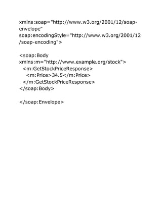 xmlns:soap="http://www.w3.org/2001/12/soap-
envelope"
soap:encodingStyle="http://www.w3.org/2001/12
/soap-encoding">
<soap:Body
xmlns:m="http://www.example.org/stock">
<m:GetStockPriceResponse>
<m:Price>34.5</m:Price>
</m:GetStockPriceResponse>
</soap:Body>
</soap:Envelope>
 