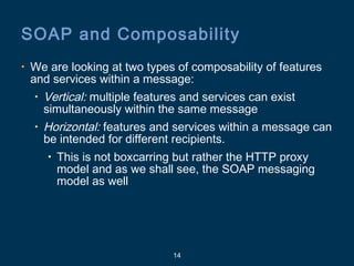 14
SOAP and Composability
• We are looking at two types of composability of features
and services within a message:
• Vertical: multiple features and services can exist
simultaneously within the same message
• Horizontal: features and services within a message can
be intended for different recipients.
• This is not boxcarring but rather the HTTP proxy
model and as we shall see, the SOAP messaging
model as well
 