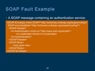 25
SOAP Fault Example
• A SOAP message containing an authentication service:
<SOAP:Envelope xmlns:SOAP="http://schemas.xmlsoap.org/soap/envelope”
SOAP:encodingStyle="http://schemas.xmlsoap.org/soap/encoding/">
<SOAP:Header>
<m:Authentication xmlns:m="http://www.auth.org/simple">
<m:credentials>Henrik</m:credentials>
</m:Authentication>
</SOAP:Header>
<SOAP:Body>
… body goes here …
</SOAP:Body>
</SOAP:Envelope>
 