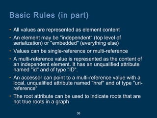 36
Basic Rules (in part)
• All values are represented as element content
• An element may be "independent" (top level of
serialization) or "embedded" (everything else)
• Values can be single-reference or multi-reference
• A multi-reference value is represented as the content of
an independent element. It has an unqualified attribute
named "id" and of type "ID".
• An accessor can point to a multi-reference value with a
local, unqualified attribute named "href" and of type "uri-
reference“
• The root attribute can be used to indicate roots that are
not true roots in a graph
 