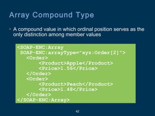 42
Array Compound Type
• A compound value in which ordinal position serves as the
only distinction among member values
<SOAP-ENC:Array
SOAP-ENC:arrayType="xyz:Order[2]">
<Order>
<Product>Apple</Product>
<Price>1.56</Price>
</Order>
<Order>
<Product>Peach</Product>
<Price>1.48</Price>
</Order>
</SOAP-ENC:Array>
 