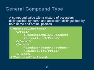 43
General Compound Type
• A compound value with a mixture of accessors
distinguished by name and accessors distinguished by
both name and ordinal position
<PurchaseLineItems>
<Order>
<Product>Apple</Product>
<Price>1.56</Price>
</Order>
<Order>
<Product>Peach</Product>
<Price>1.48</Price>
</Order>
</PurchaseLineItems>
 